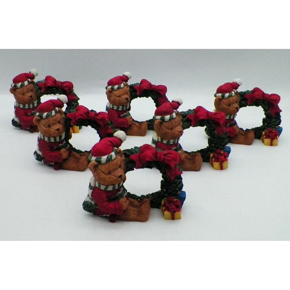 Christmas Teddy Bear in Santa Hat Napkin Rings Resin Wreath Gift Vintage Taiwan